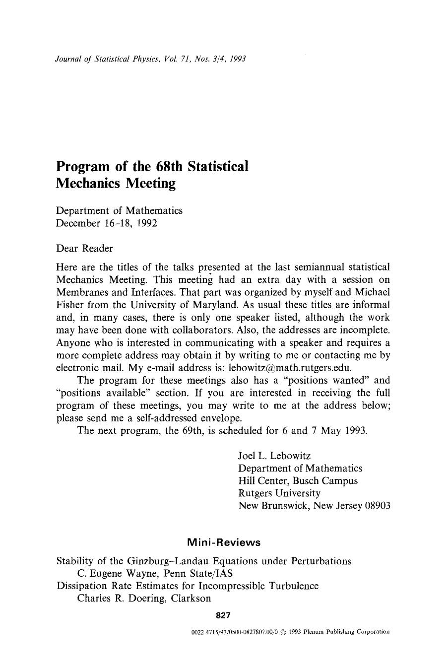 Program of the 68th Statistical Mechanics Meeting by Unknown