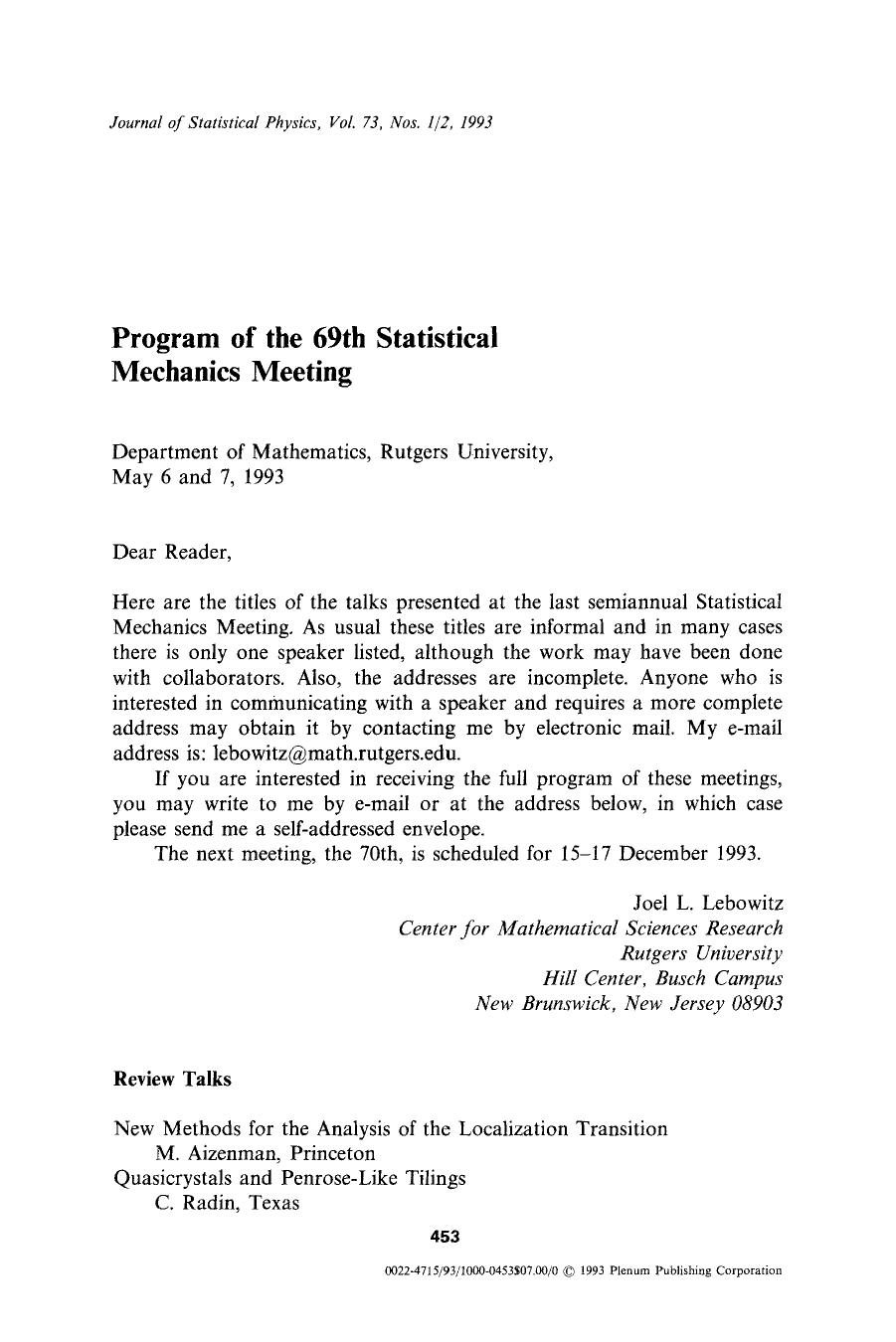 Program of the 69th Statistical Mechanics Meeting by Unknown