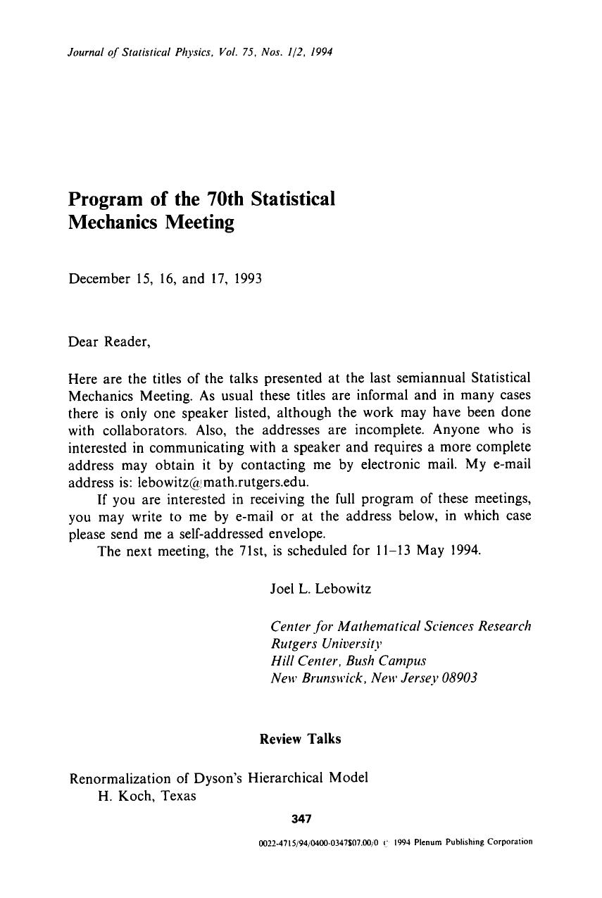 Program of the 70th Statistical Mechanics Meeting by Unknown