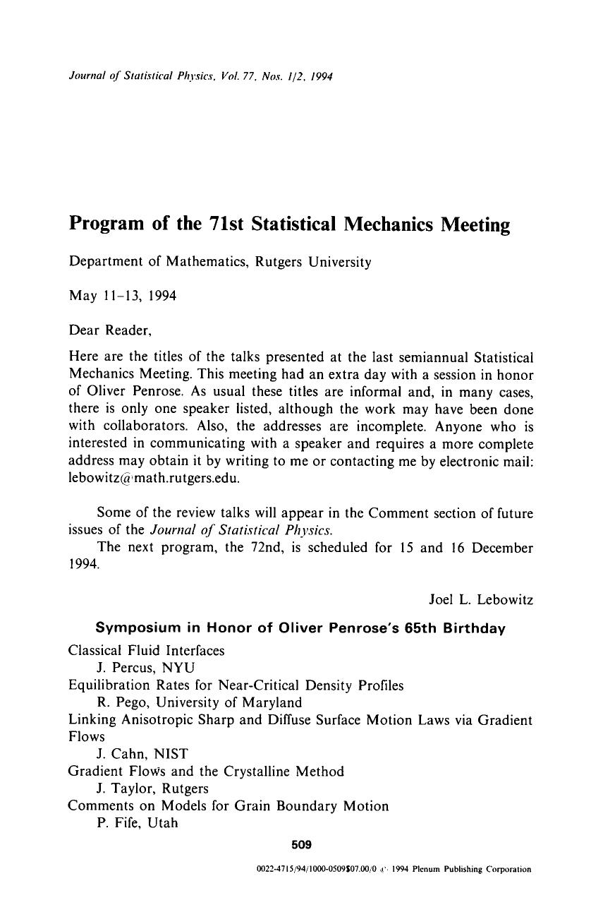 Program of the 71st Statistical Mechanics Meeting by Unknown