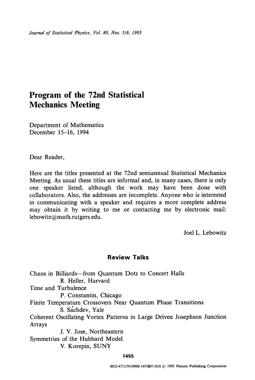 Program of the 72nd Statistical Mechanics Meeting by Unknown