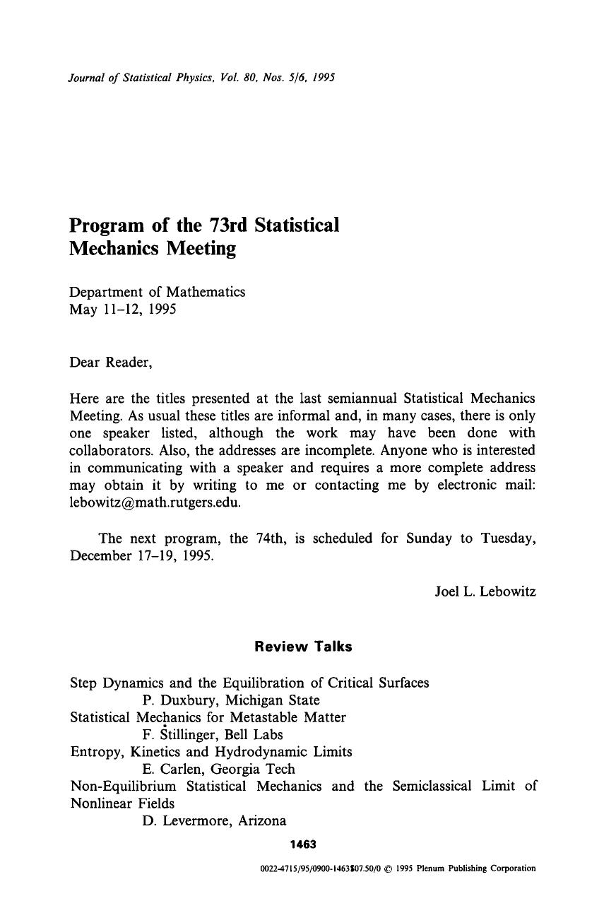 Program of the 73rd Statistical Mechanics Meeting by Unknown