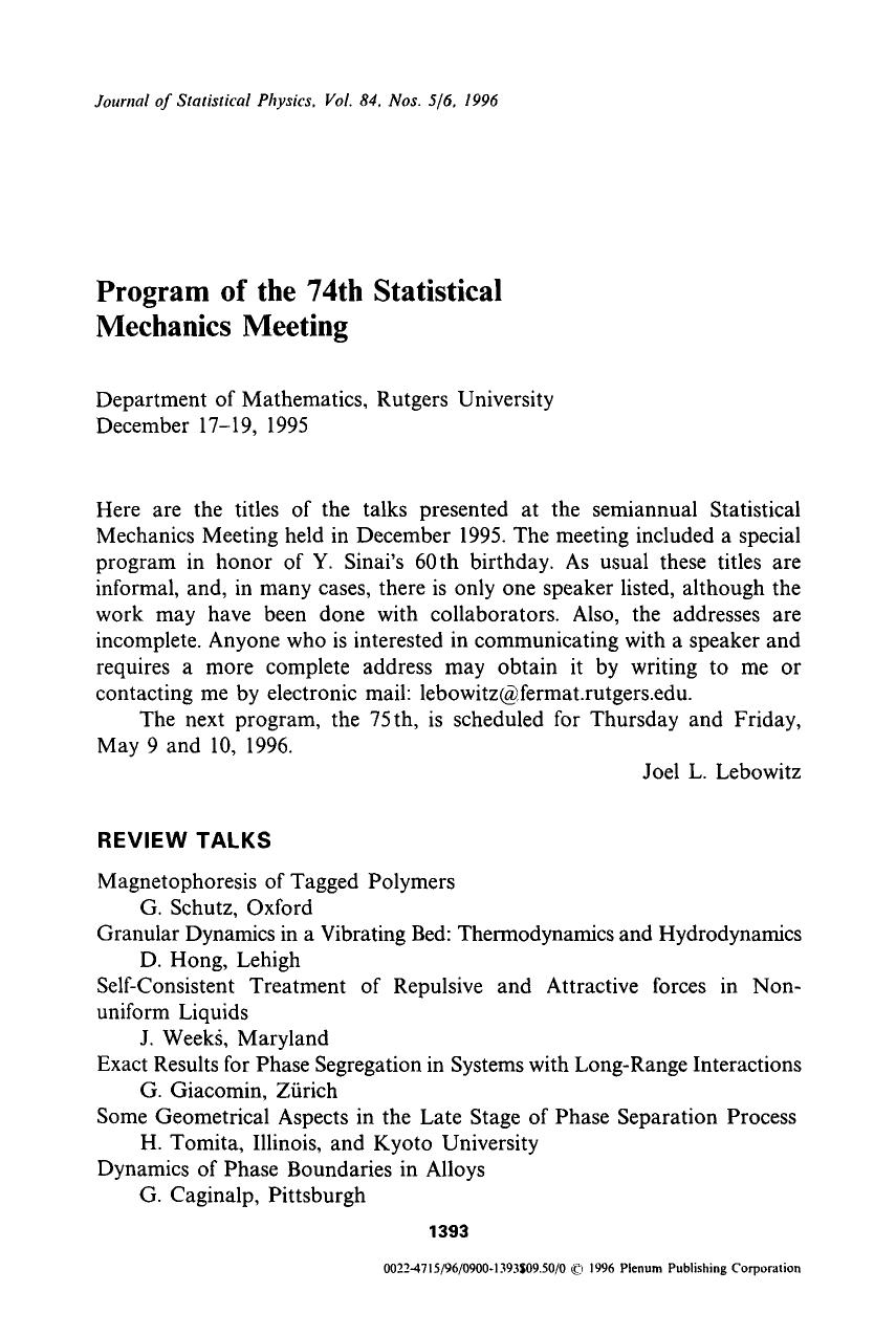 Program of the 74th Statistical Mechanics Meeting by Unknown