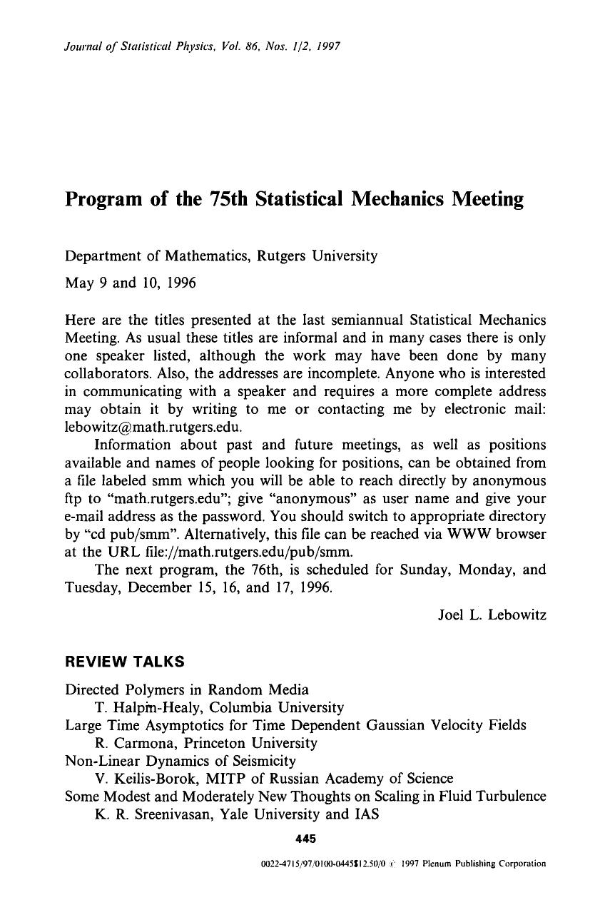 Program of the 75th Statistical Mechanics Meeting by Unknown