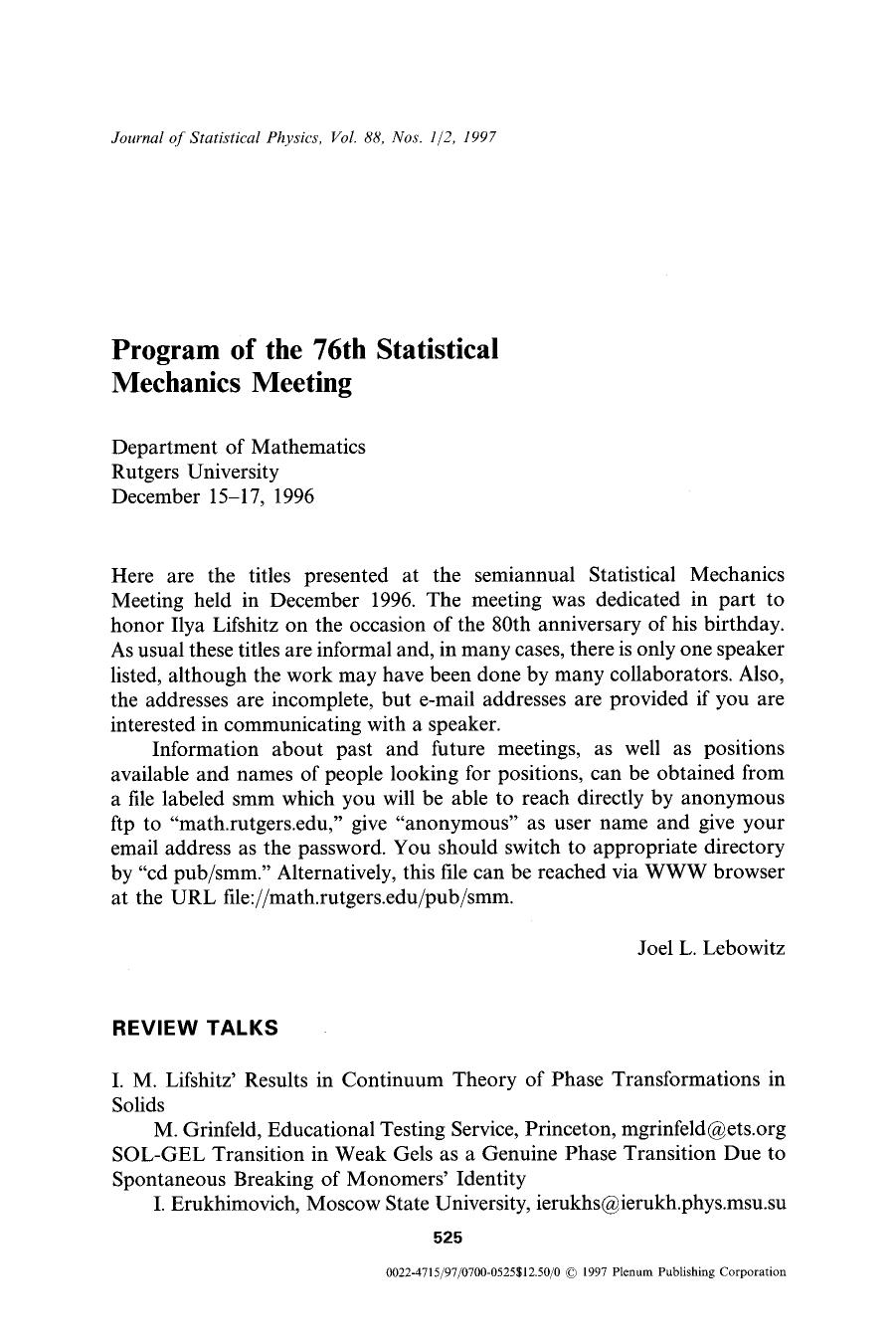 Program of the 76th Statistical Mechanics Meeting by Unknown