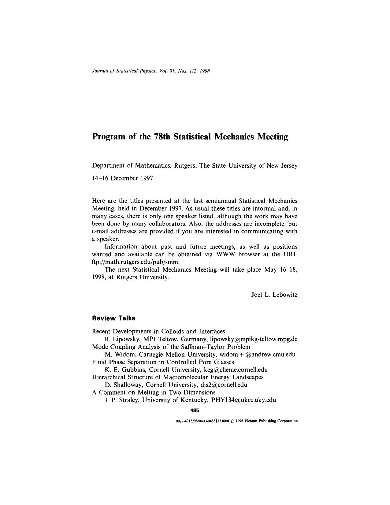 Program of the 78th Statistical Mechanics Meeting by Unknown