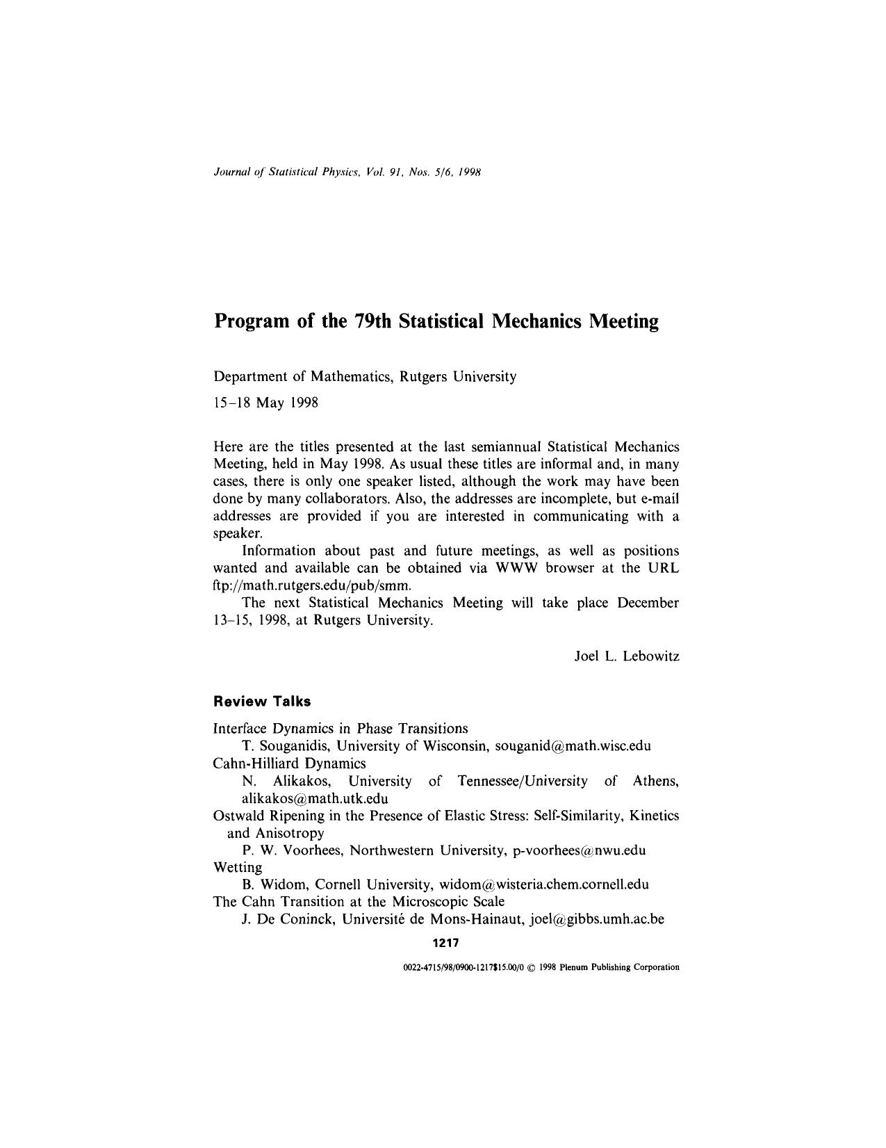 Program of the 79th Statistical Mechanics Meeting by Unknown