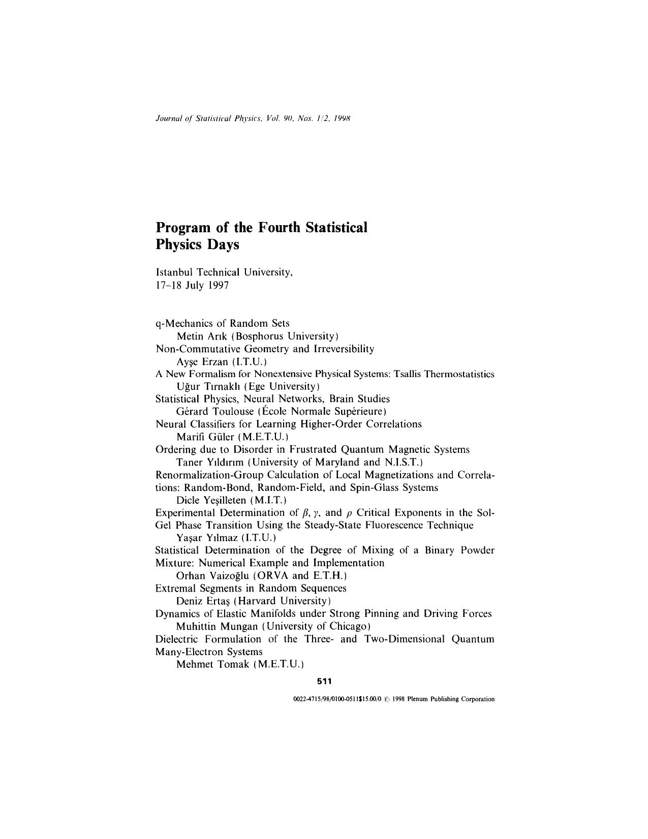 Program of the Fourth Statistical Physics Days by Unknown