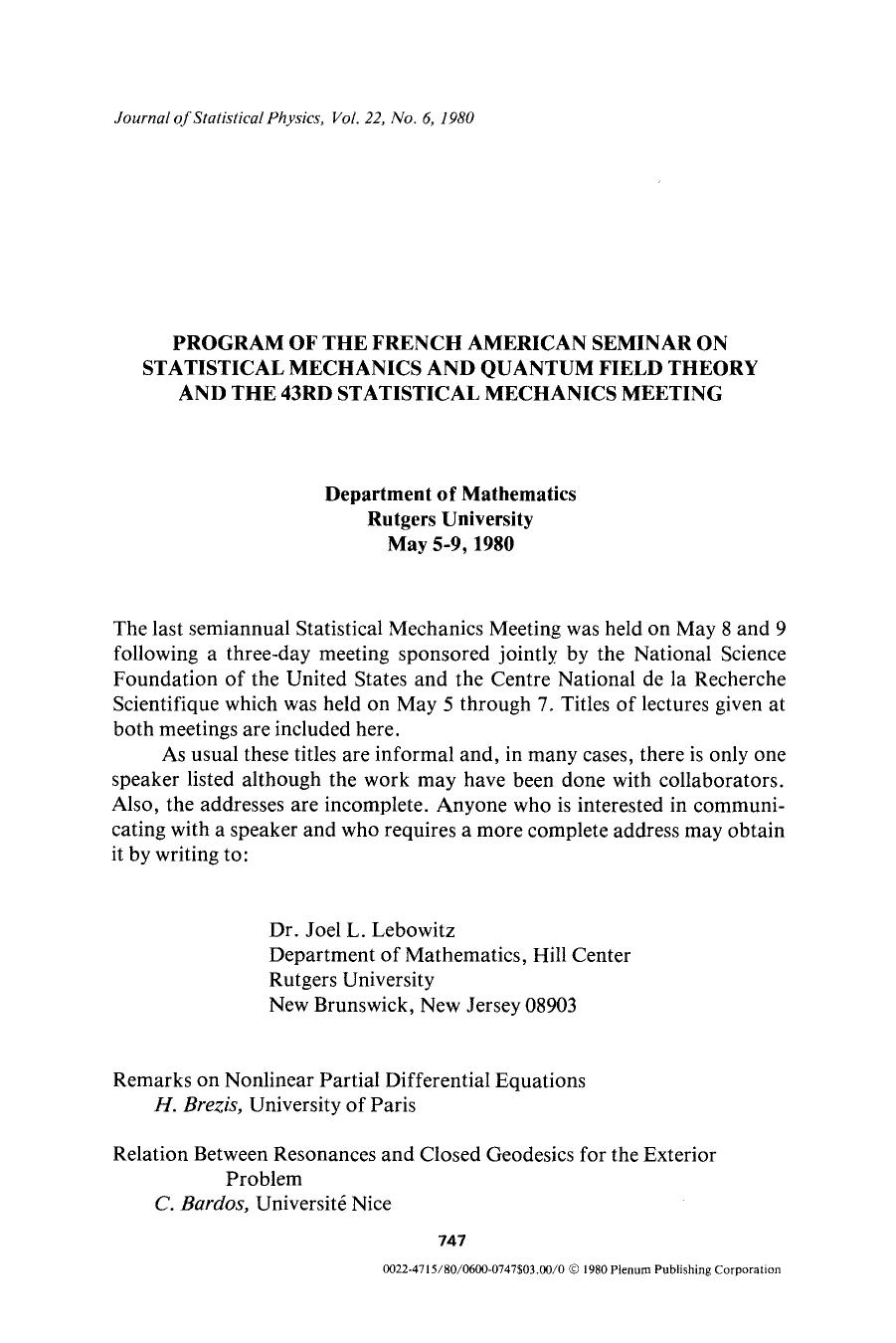 Program of the French American seminar on Statistical Mechanics and Quantum Field Theory and the 43rd Statistical Mechanics Meeting by Unknown