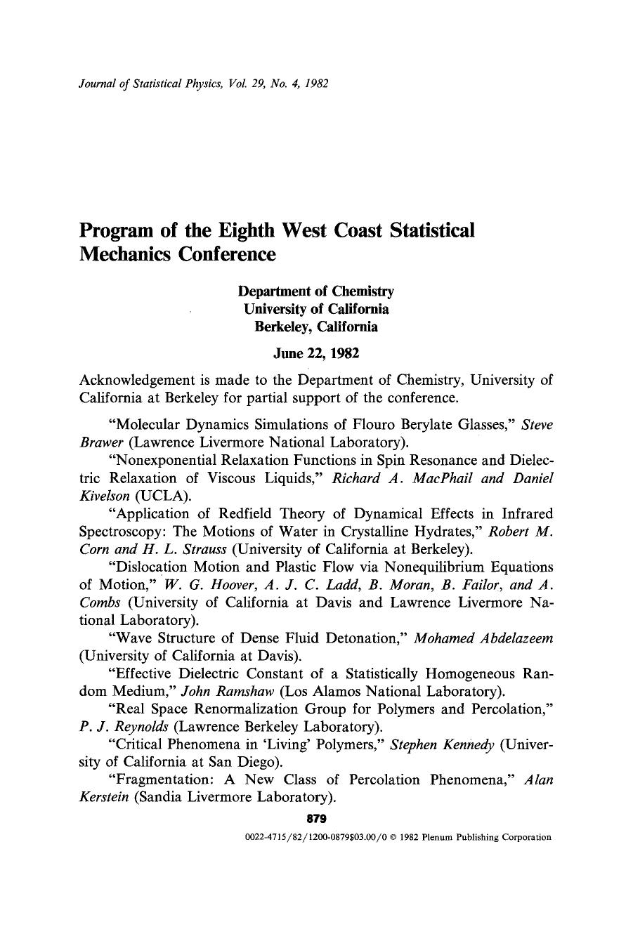 Program of the eighth west coast statistical mechanics conference by Unknown