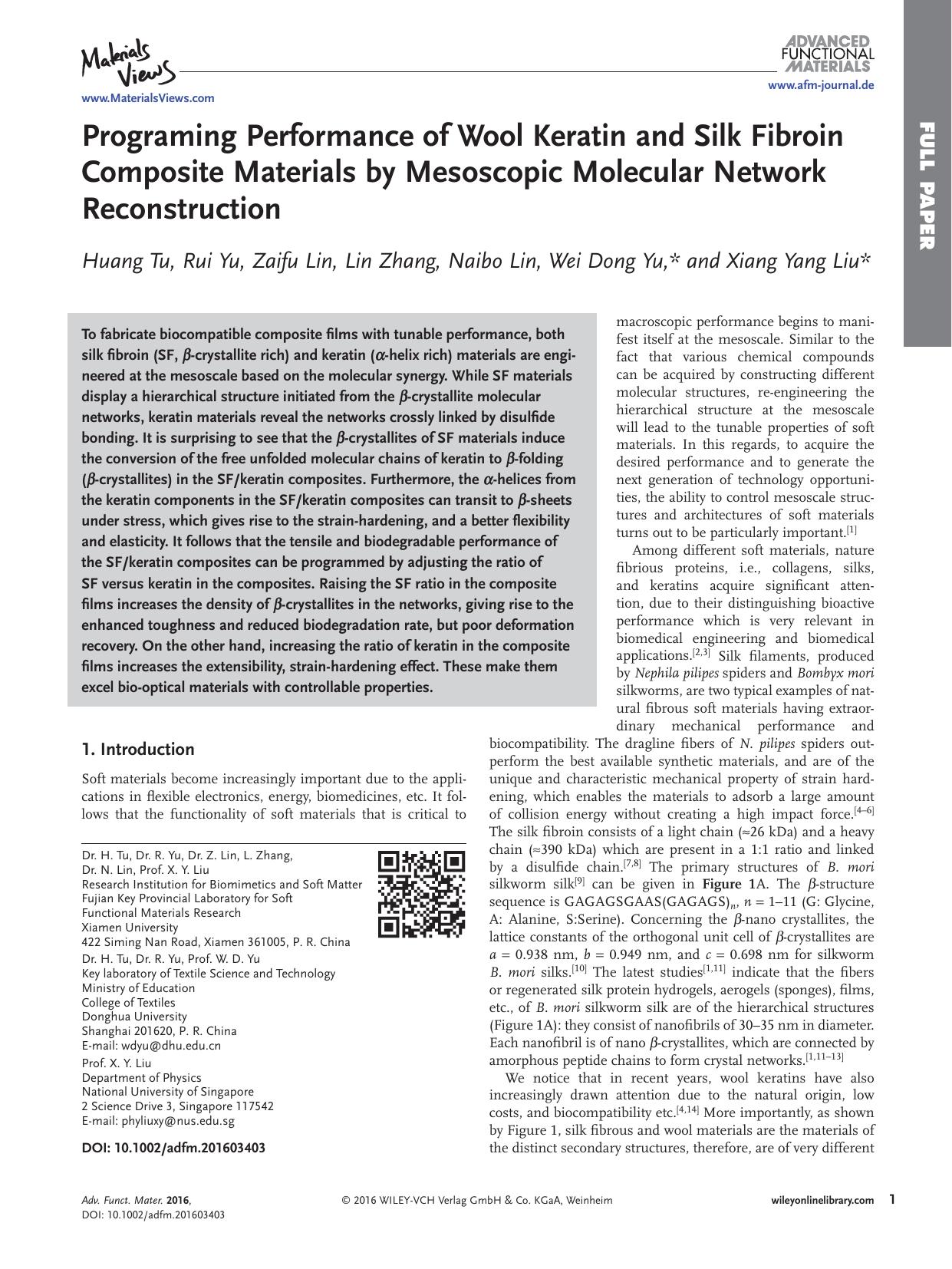 Programing Performance of Wool Keratin and Silk Fibroin Composite Materials by Mesoscopic Molecular Network Reconstruction by Unknown
