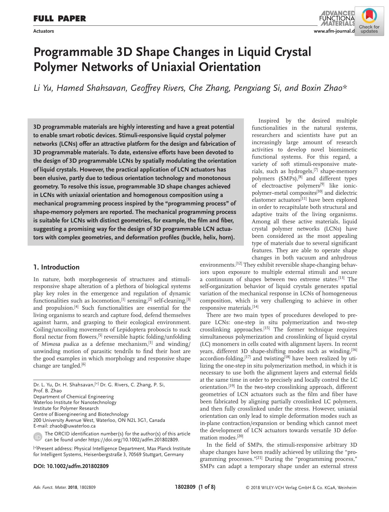 Programmable 3D Shape Changes in Liquid Crystal Polymer Networks of Uniaxial Orientation by Unknown