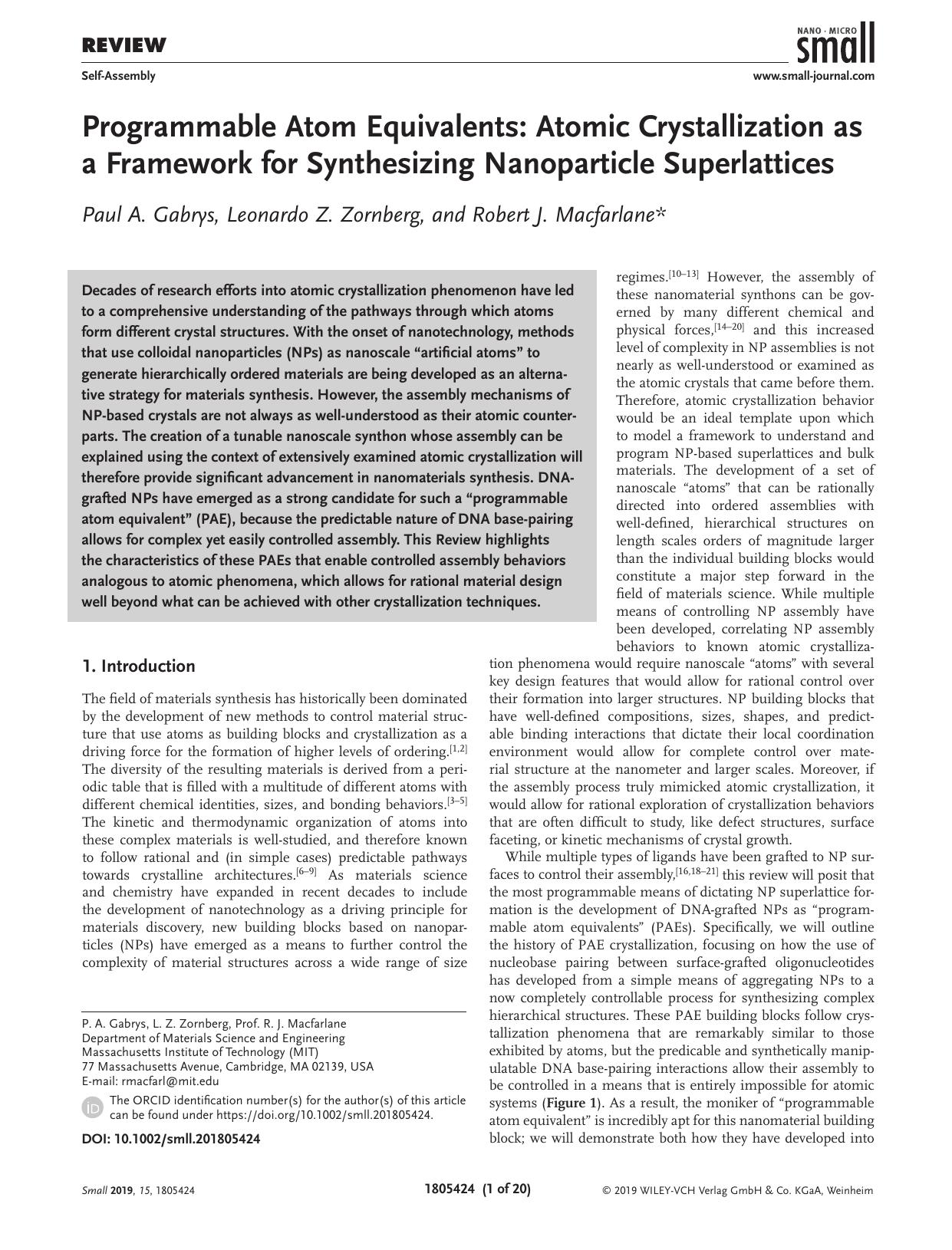 Programmable Atom Equivalents: Atomic Crystallization as a Framework for Synthesizing Nanoparticle Superlattices by Unknown