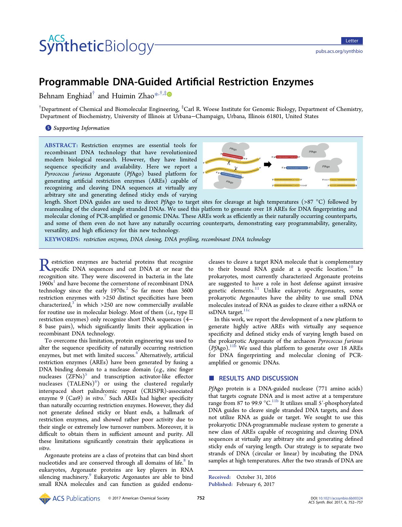 Programmable DNA-Guided Artificial Restriction Enzymes by Behnam Enghiad and Huimin Zhao