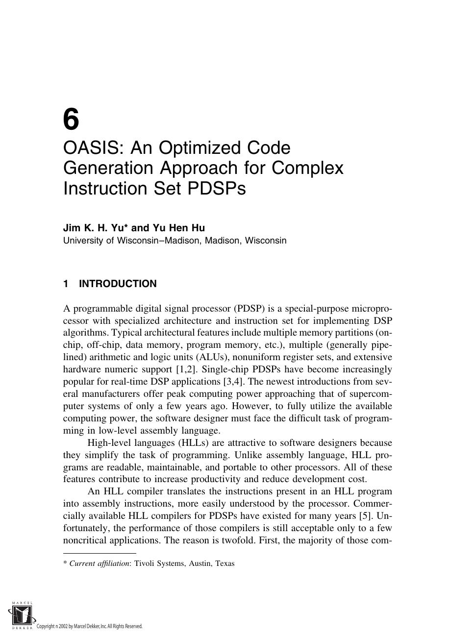 Programmable Digital Signal Processors Architecture, Programming, and Applications by Jim K. H. Yu and Yu Hen Hu