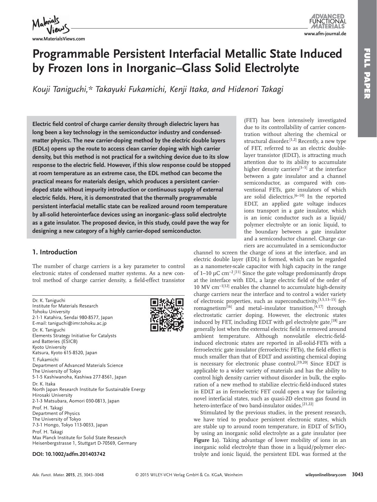 Programmable Persistent Interfacial Metallic State Induced by Frozen Ions in Inorganic–Glass Solid Electrolyte by Unknown
