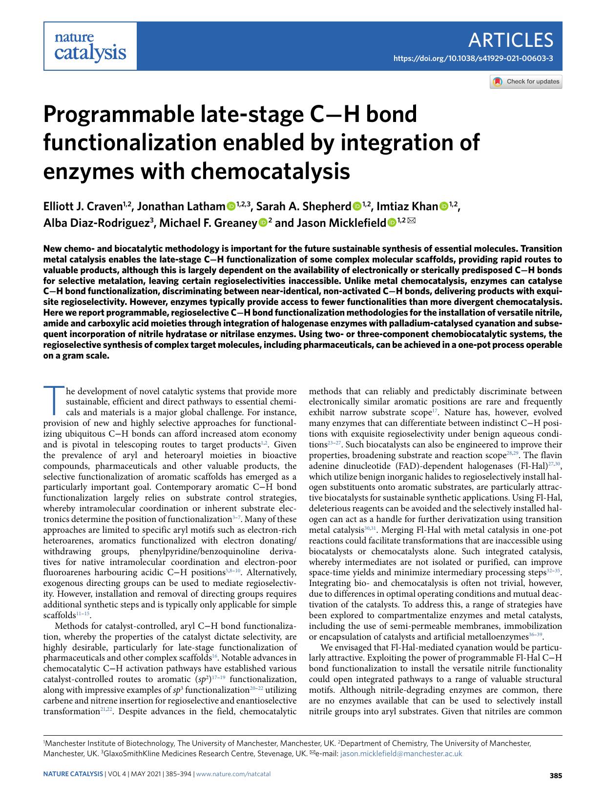 Programmable late-stage C-H bond functionalization enabled by integration of enzymes with chemocatalysis by unknow