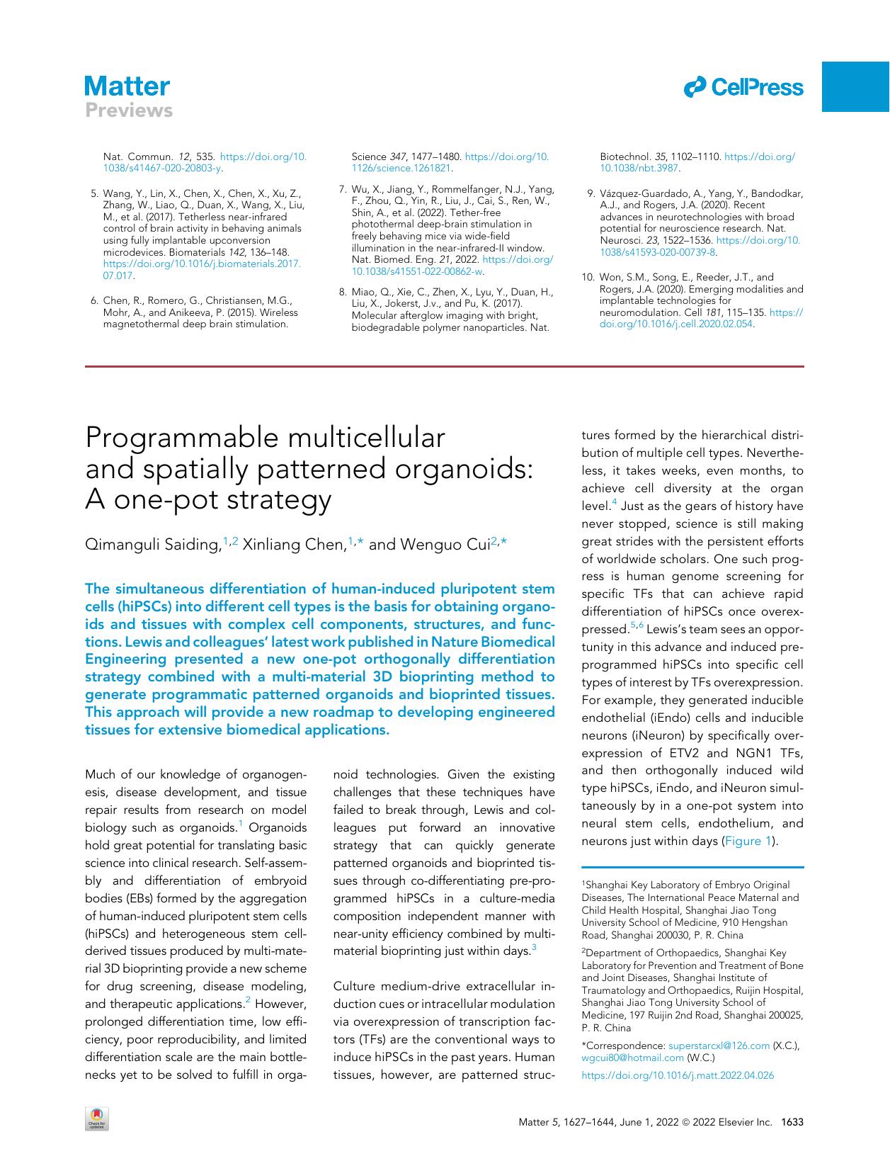 Programmable multicellular and spatially patterned organoids: A one-pot strategy by Qimanguli Saiding & Xinliang Chen & Wenguo Cui
