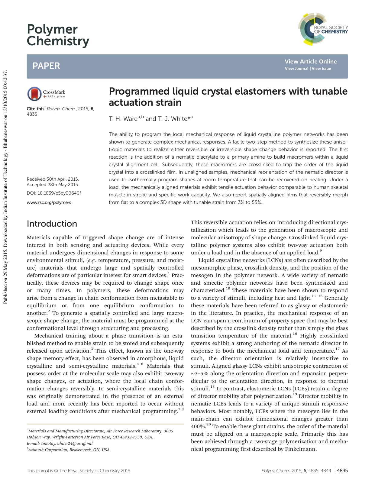 Programmed liquid crystal elastomers with tunable actuation strain by T. H. Ware T. J. White