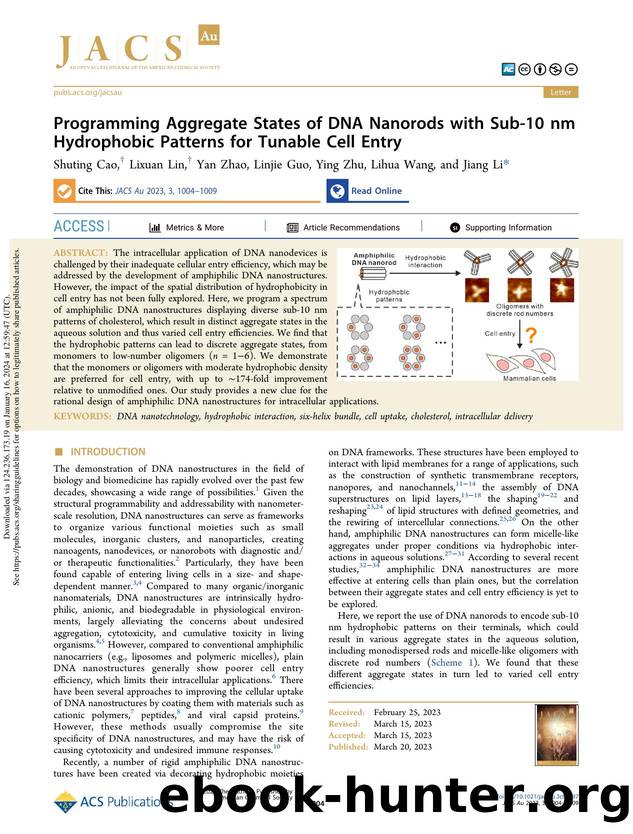 Programming Aggregate States of DNA Nanorods with Sub-10 nm Hydrophobic Patterns for Tunable Cell Entry by Shuting Cao Lixuan Lin Yan Zhao Linjie Guo Ying Zhu Lihua Wang & Jiang Li