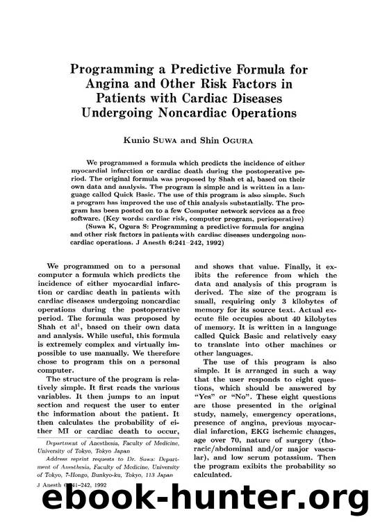 Programming a predictive rormula for angina and other risk factors in patients with cardiac diseases undergoing noncardiac operations by Unknown