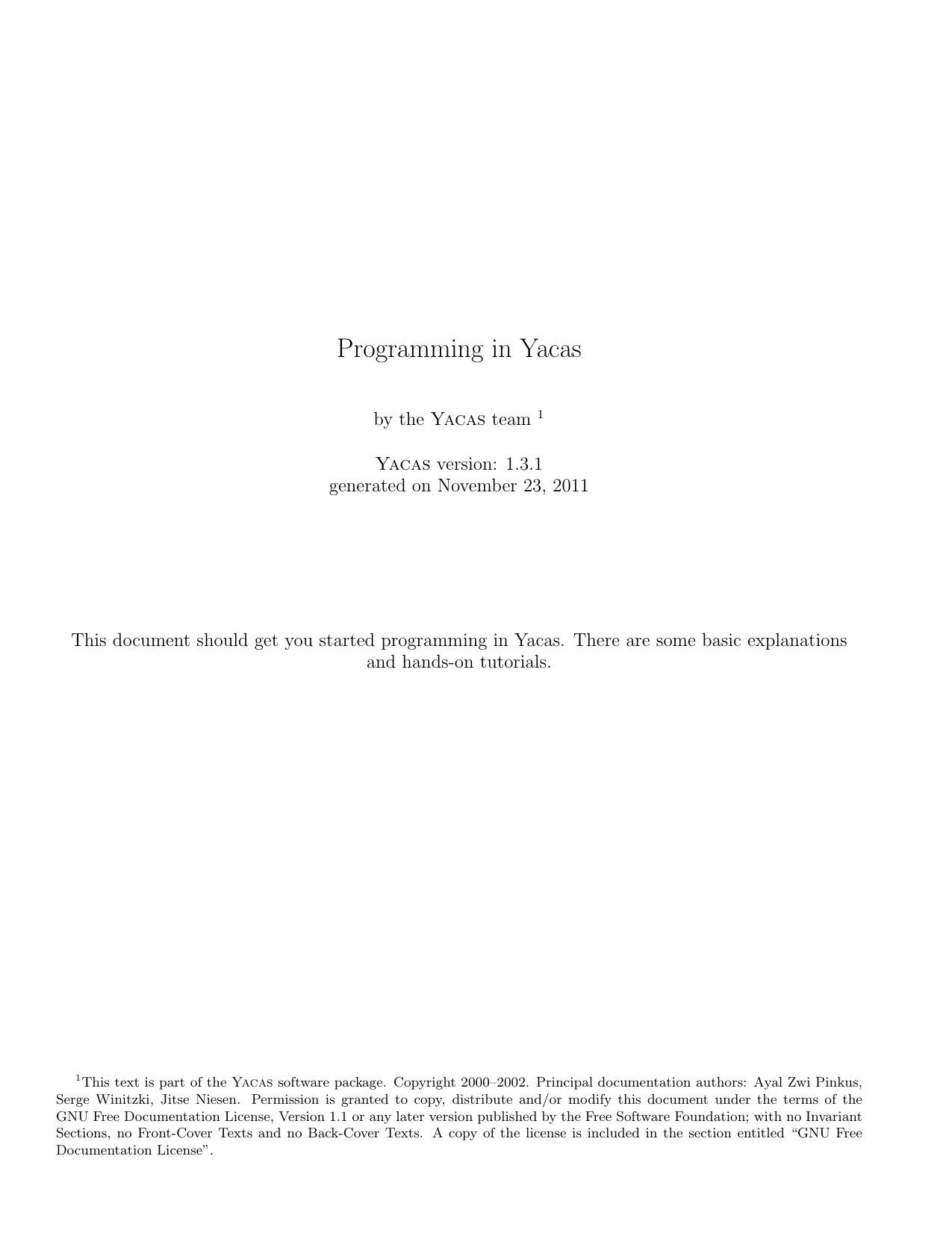 Programming in Yacas by Pinkus A.Z. Winitzki S. Niesen J