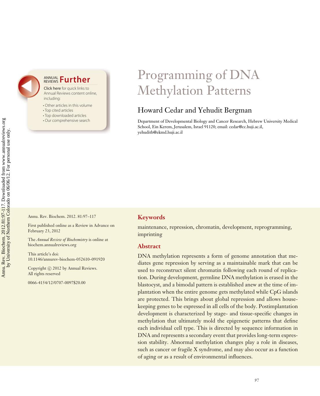 Programming of DNA Methylation Patterns by Howard Cedar & Yehudit Bergman