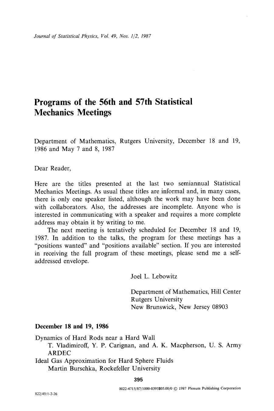 Programs of the 56th and 57th Statistical Mechanics Meetings by Unknown