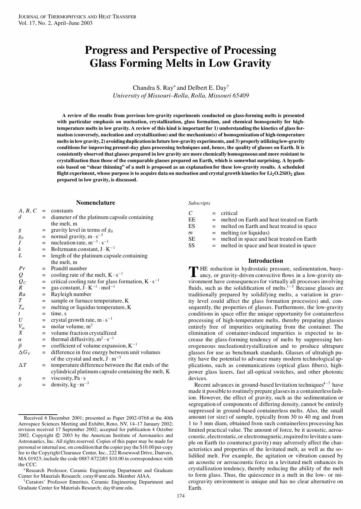 Progress and Perspective of Processing Glass Forming Melts in Low Gravity by Unknown