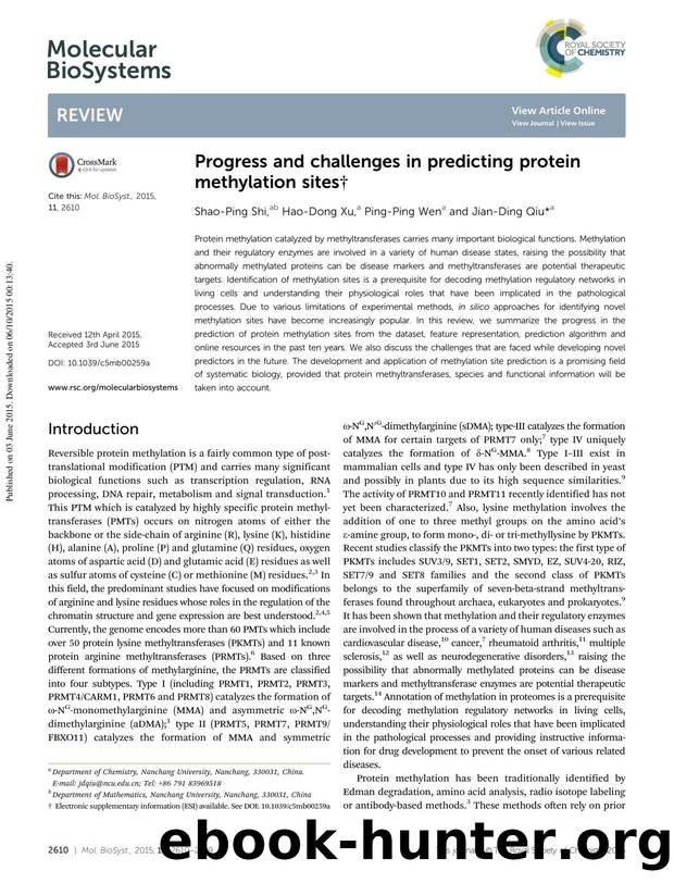 Progress and challenges in predicting protein methylation sites by Shao-Ping Shi & Hao-Dong Xu & Ping-Ping Wen & Jian-Ding Qiu