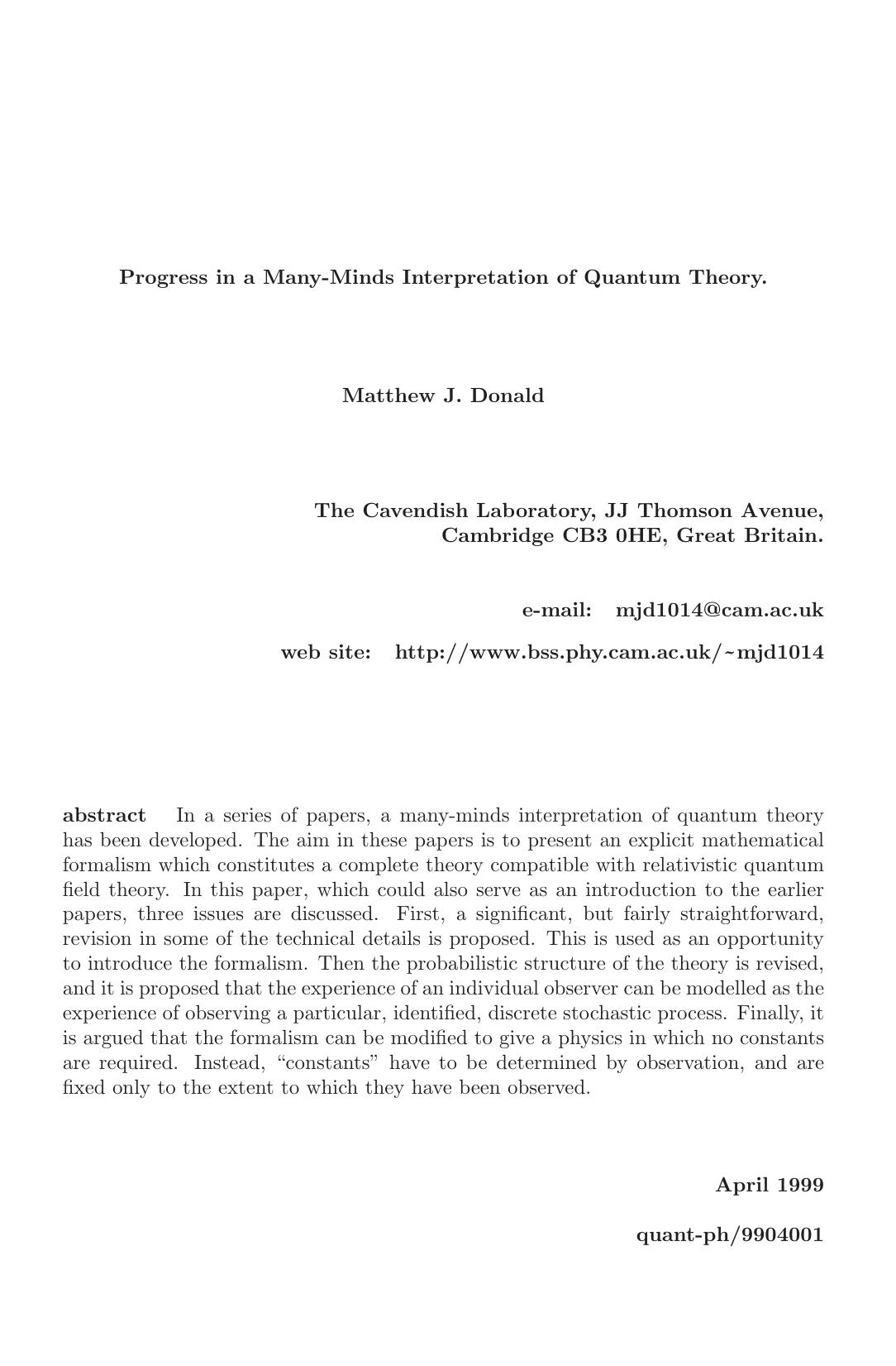 Progress in a Many-Minds Interpretation of Quantum Theory by Matthew J. Donald