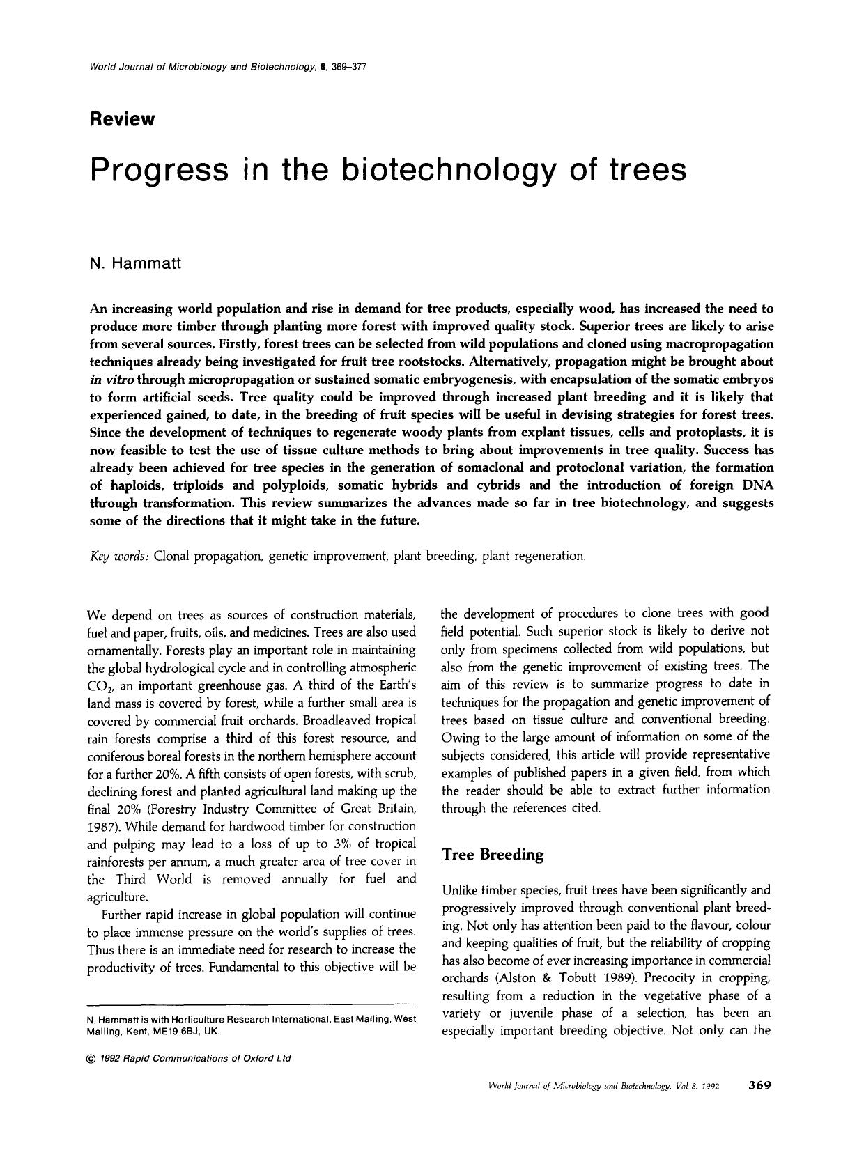 Progress in the biotechnology of trees by Unknown