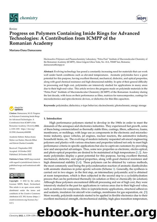 Progress on Polymers Containing Imide Rings for Advanced Technologies: A Contribution from ICMPP of the Romanian Academy by Mariana-Dana Damaceanu