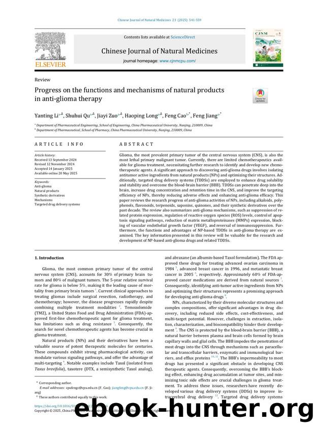 Progress on the functions and mechanisms of natural products in anti-glioma therapy by Yanting Li & Shuhui Qu & Jiayi Zuo & Haoping Long & Feng Cao & Feng Jiang