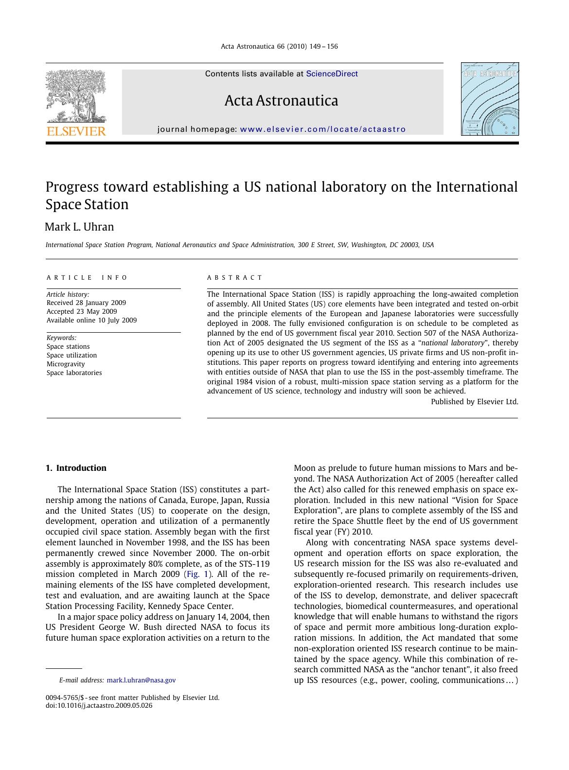Progress toward establishing a US national laboratory on the International Space Station by Mark L. Uhran