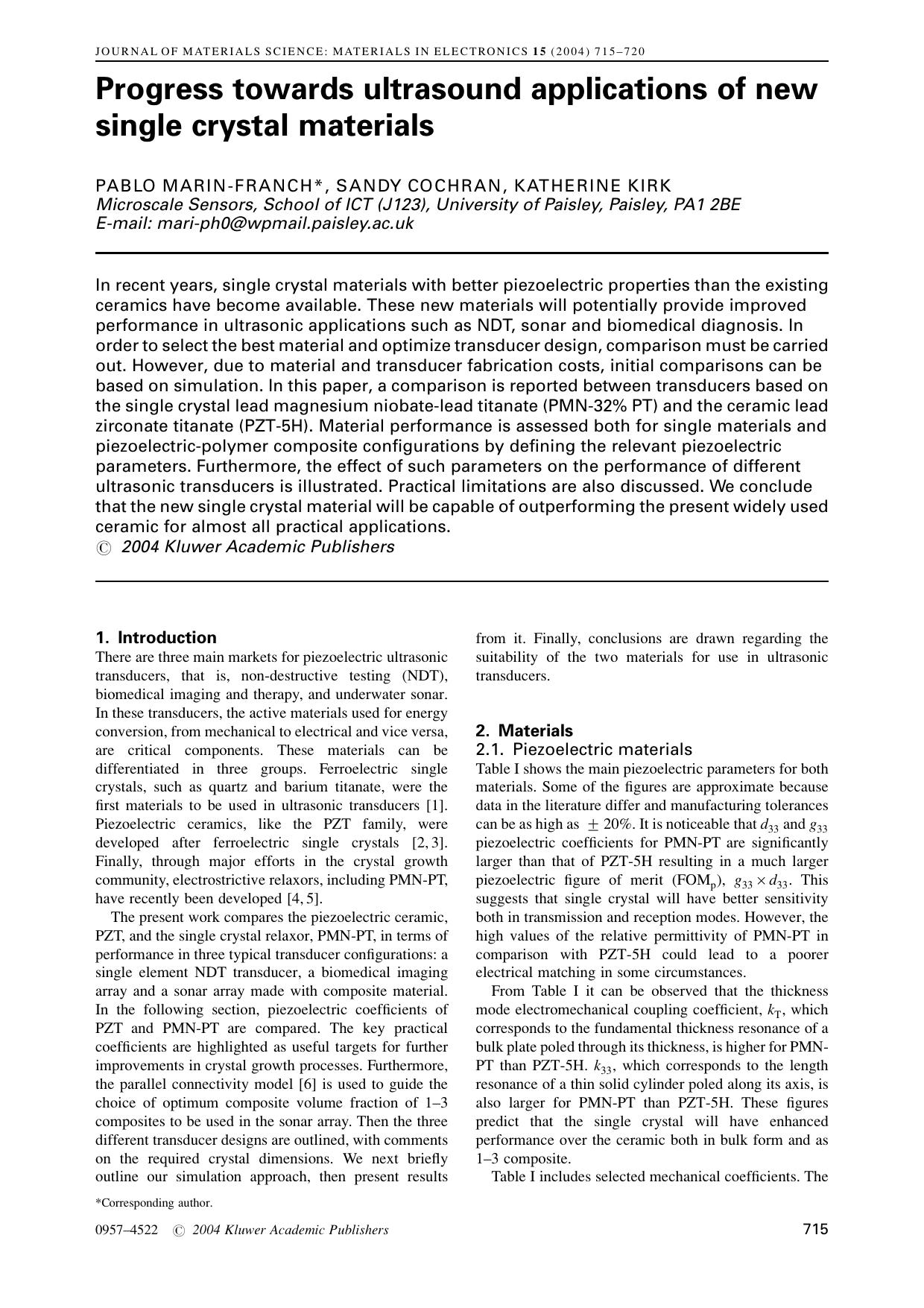 Progress towards ultrasound applications of new single crystal materials by Unknown