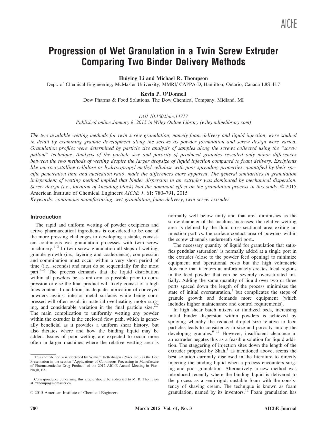 Progression of Wet Granulation in a Twin Screw Extruder Comparing Two Binder Delivery Methods by Unknown