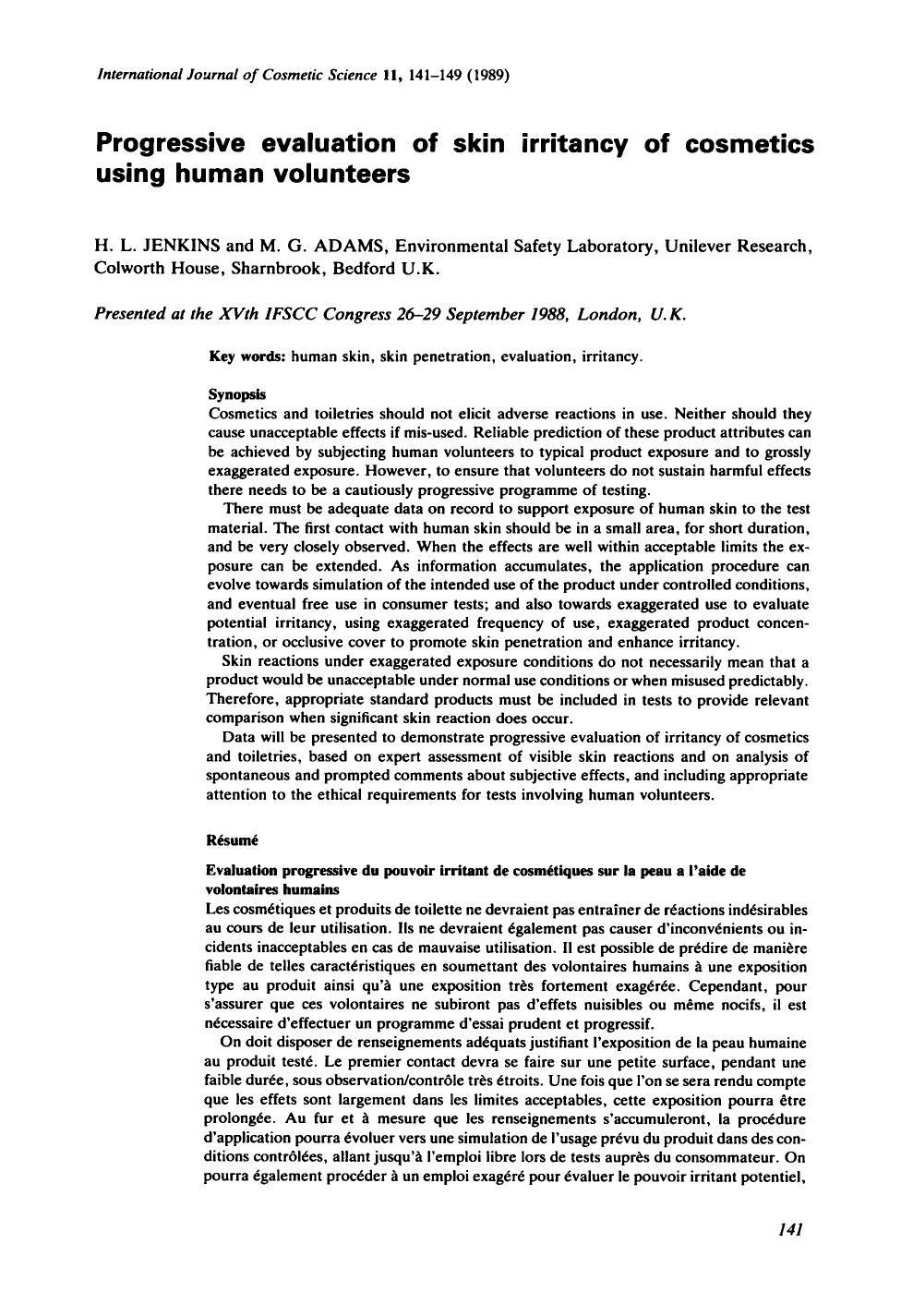 Progressive evaluation of skin irritancy of cosmetics using human volunteers by Unknown