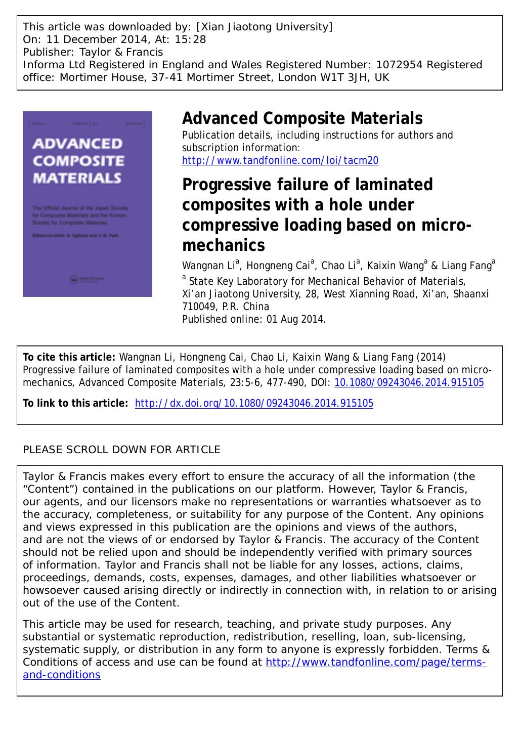 Progressive failure of laminated composites with a hole under compressive loading based on micro-mechanics by Wangnan Li
