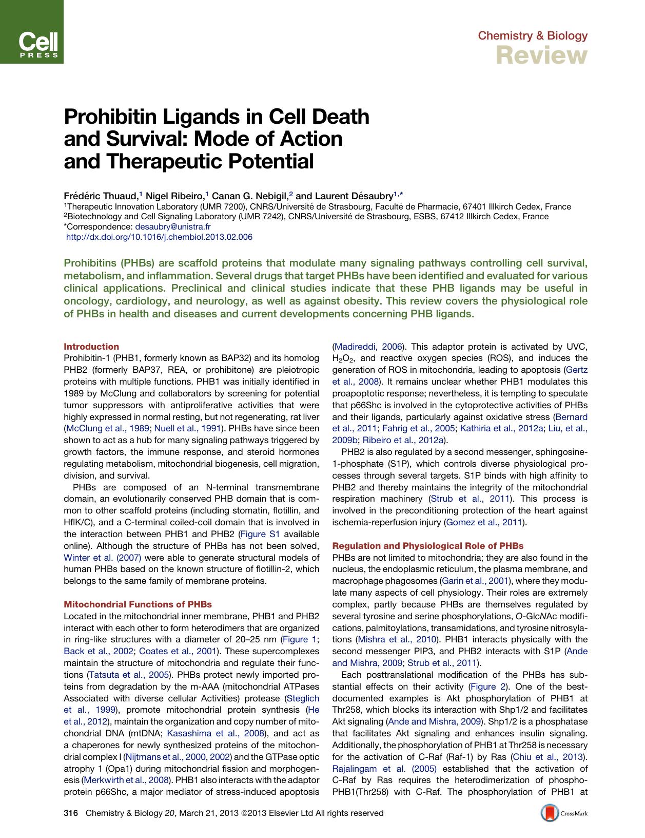 Prohibitin Ligands in Cell Death and Survival: Mode of Action and Therapeutic Potential by Frédéric Thuaud & Nigel Ribeiro & Canan G. Nebigil & Laurent Désaubry