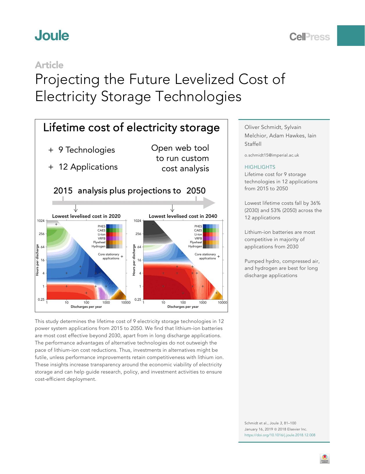 Projecting the Future Levelized Cost of Electricity Storage Technologies by Oliver Schmidt & Sylvain Melchior & Adam Hawkes & Iain Staffell