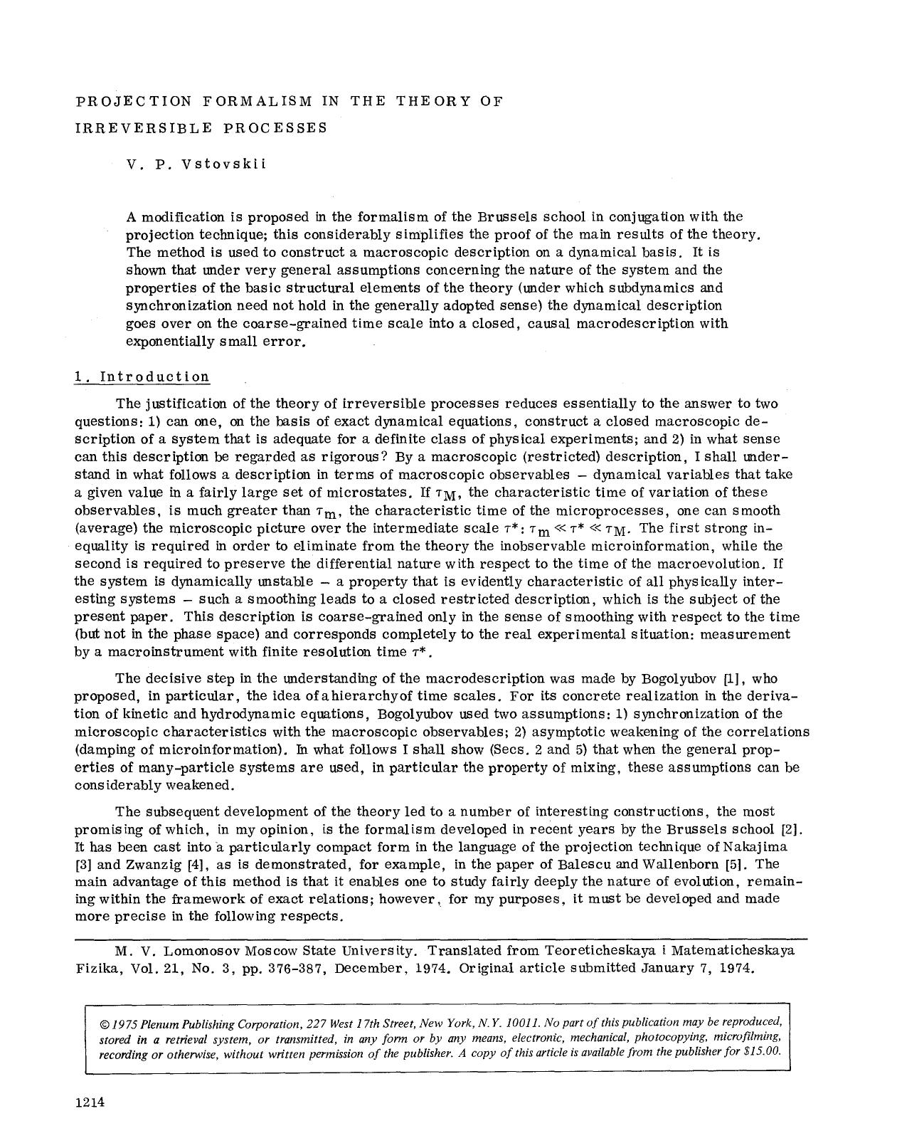 Projection formalism in the theory of irreversible processes by Unknown