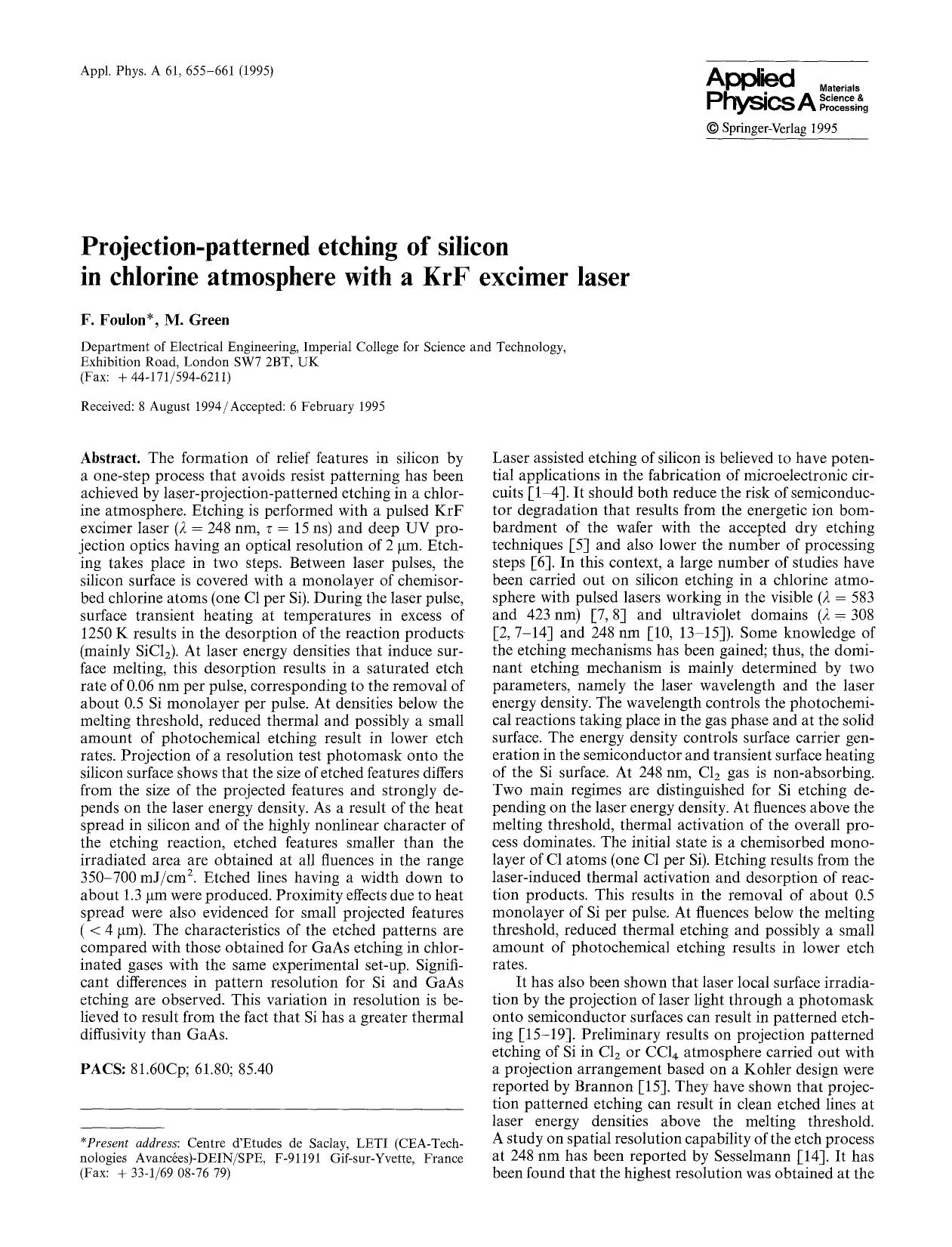 Projection-patterned etching of silicon in chlorine atmosphere with a KrF excimer laser by Unknown