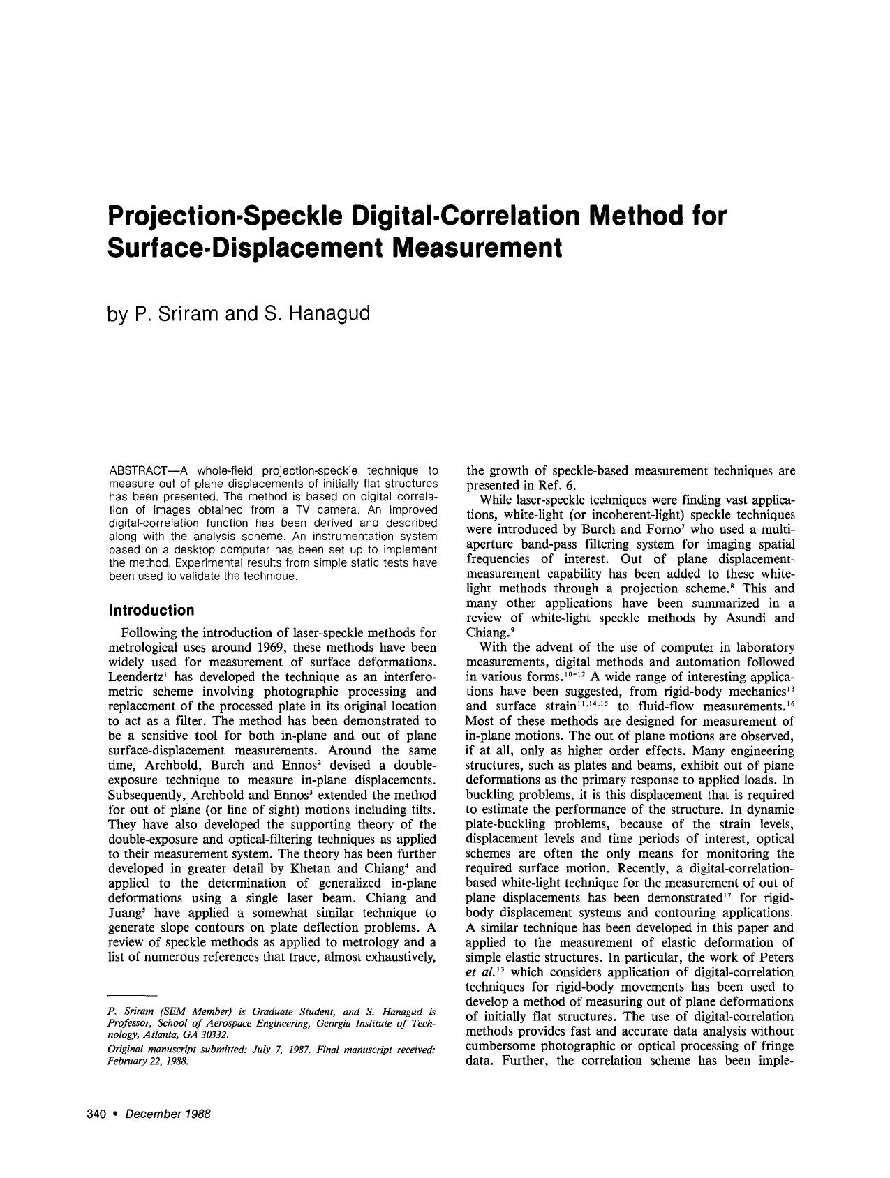 Projection-speckle digital-correlation method for surface-displacement measurement by Unknown
