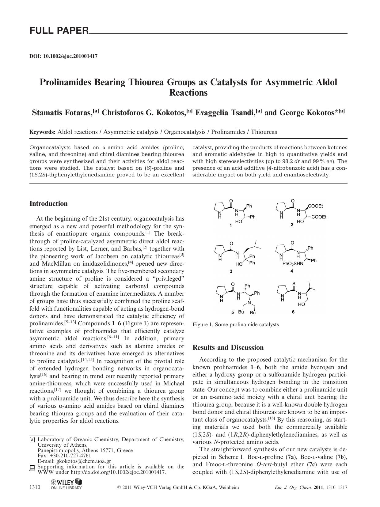 Prolinamides Bearing Thiourea Groups as Catalysts for Asymmetric Aldol Reactions by Unknown