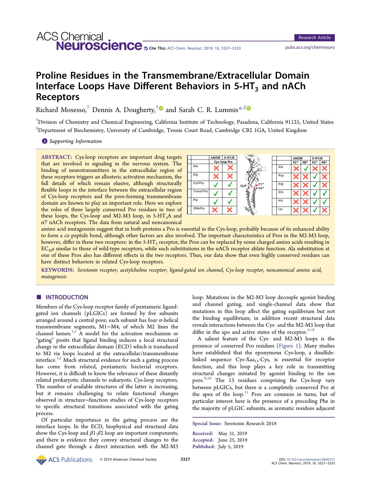 Proline Residues in the TransmembraneExtracellular Domain Interface Loops Have Different Behaviors in 5-HT3 and nACh Receptors by Richard Mosesso Dennis A. Dougherty and Sarah C. R. Lummis
