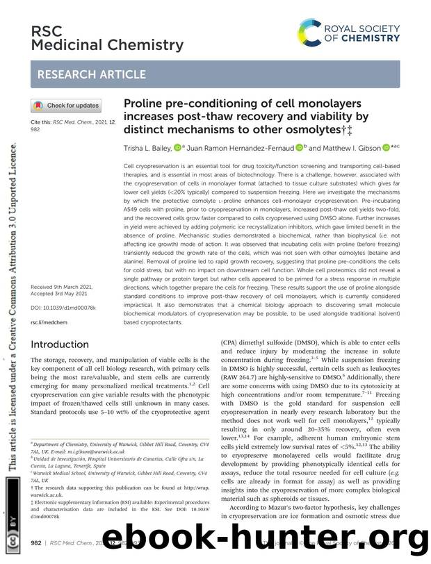 Proline pre-conditioning of cell monolayers increases post-thaw recovery and viability by distinct mechanisms to other osmolytes by Trisha L. Bailey & Juan Ramon Hernandez-Fernaud & Matthew I. Gibson