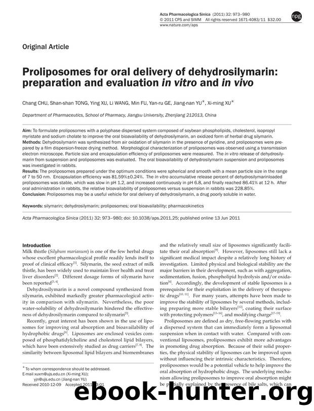 Proliposomes for oral delivery of dehydrosilymarin: preparation and evaluation in vitro and in vivo by Chang Chu & Shan-shan Tong & Ying Xu & Li Wang & Min Fu & Yan-ru Ge & Jiang-nan Yu & Xi-ming Xu