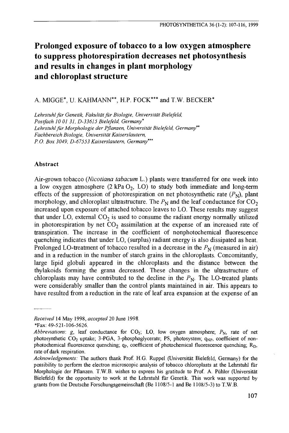 Prolonged Exposure of Tobacco to a Low Oxygen Atmosphere to Suppress Photorespiration Decreases Net Photosynthesis and Results in Changes in Plant Morphology and Chloroplast Structure by Unknown
