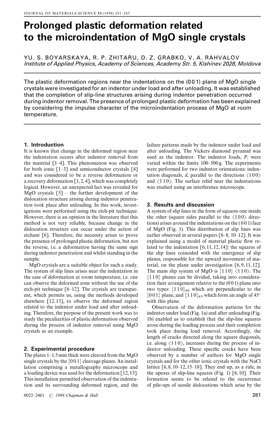 Prolonged plastic deformation related to the microindentation of MgO single crystals by Unknown